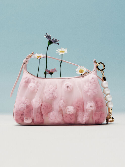 Gift Set: Floral-Mesh Pearl-Strap Shoulder Bag, Light Pink, hi-res
