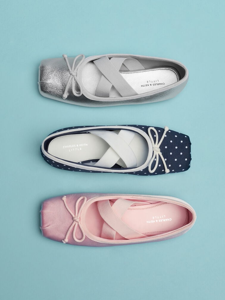 Girls' Dotted Bow Square-Toe Crossover-Strap Ballet Flats, Dark Blue, hi-res