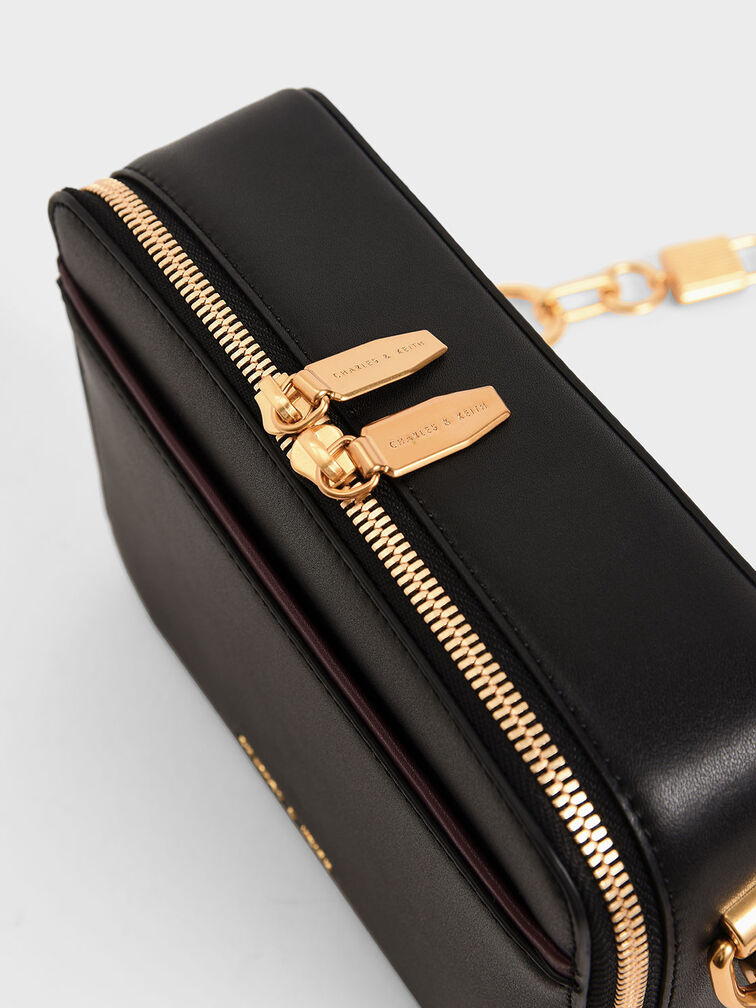 Lock & Key Chain Handle Bag, Black, hi-res