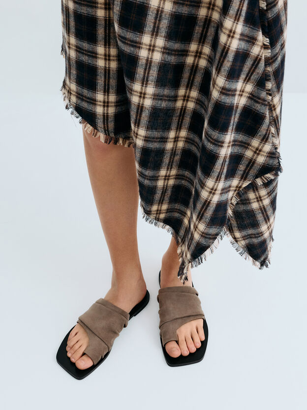 Faux Suede Ruched Toe-Ring Sandals, Taupe, hi-res