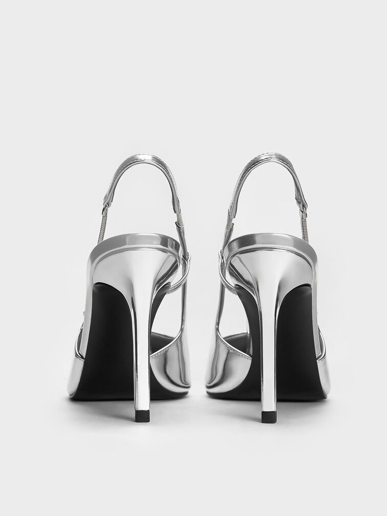 Zapatos destalonados metálicos con correa de cadena, Plateado, hi-res