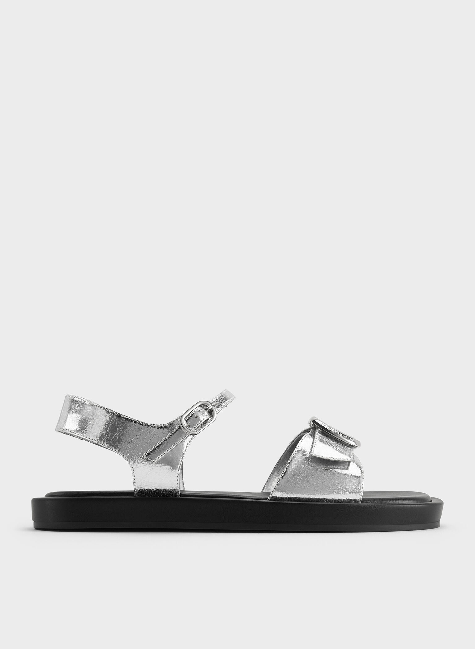 Metallic Buckled Slingback Sandals, Silver, hi-res