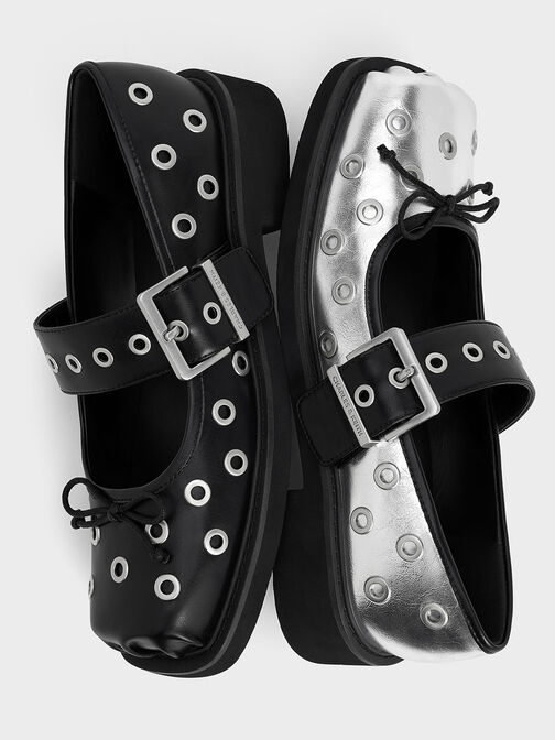 Metallic Grommet Buckled Mary Janes, Silver, hi-res