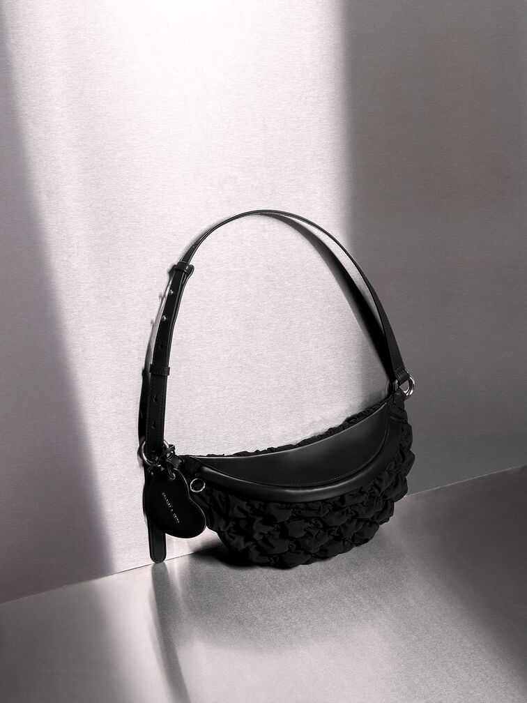 Ruched Nylon Bum Bag, Black, hi-res