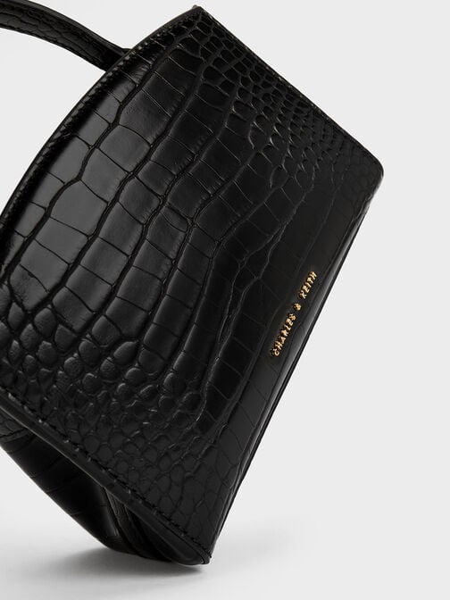 Aubrielle 鱷魚紋金屬釦手提包, 黑色, hi-res