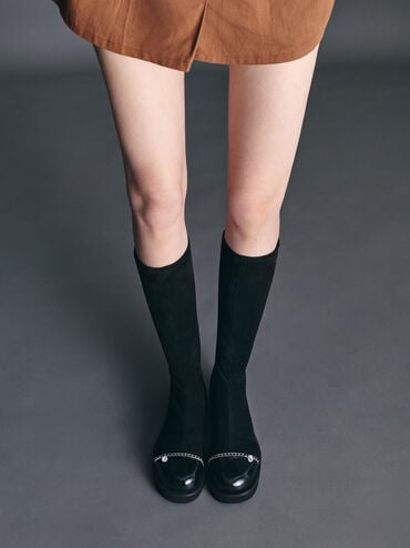 Faux Suede Braided-Strap Back-Zip Knee-High Boots, Black Textured, hi-res
