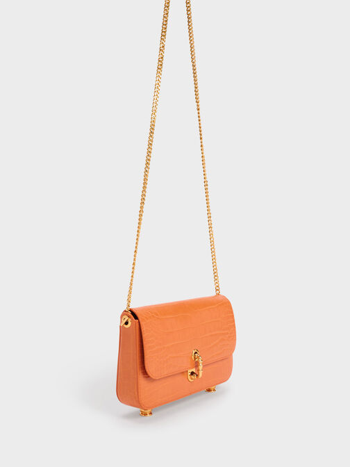 Meriah Croc-Embossed Clutch, Orange, hi-res