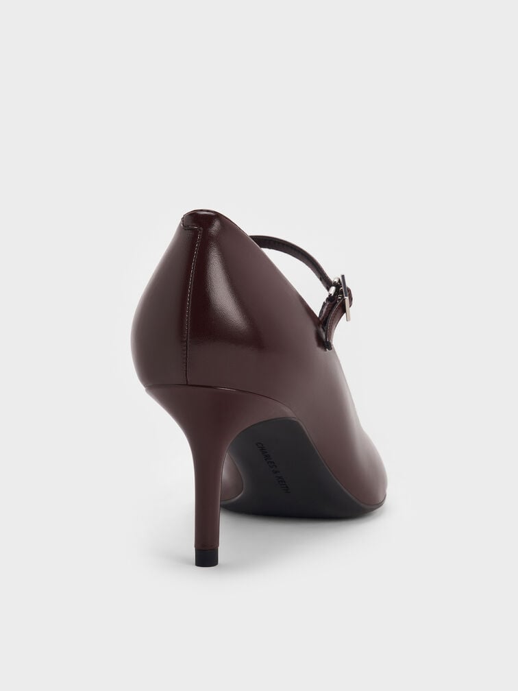 Pointed-Toe Stiletto-Heel Mary Jane Pumps, Maroon, hi-res
