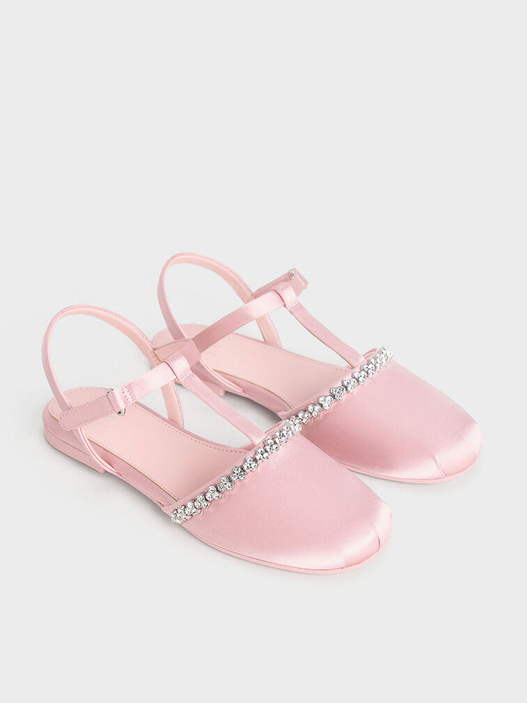 Zapatos planos de satín con tira T y pedrería para niña, Rosa, hi-res