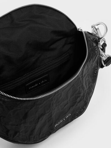 Wrinkled Effect Semi-Circle Crossbody Bag, Black, hi-res