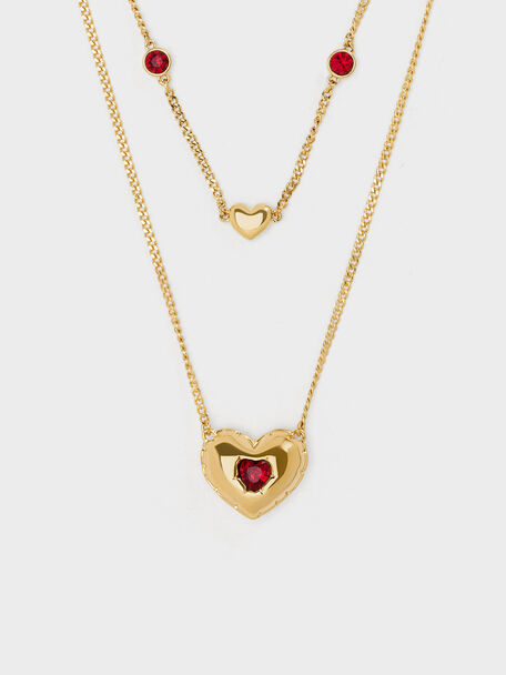 Bethania Heart Crystal Double Chain Necklace, Gold, hi-res