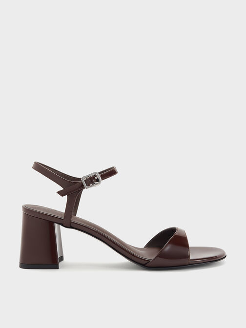 Patent Ankle-Strap Block-Heel Sandals, Dark Brown, hi-res