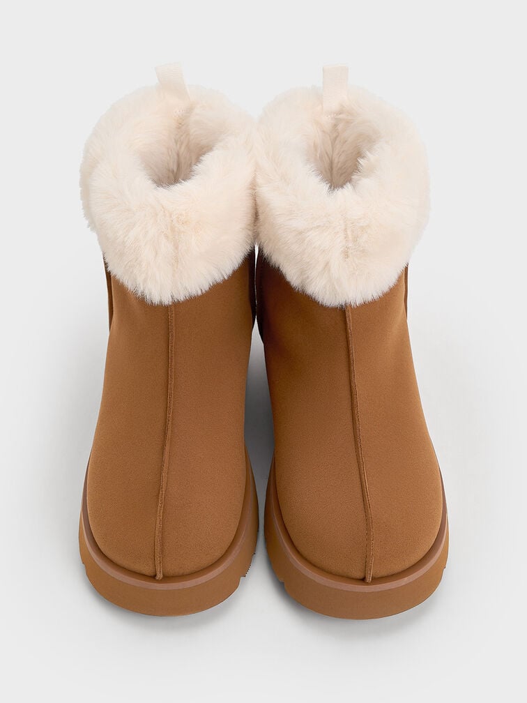 Girls' Faux Suede Fur-Trim Ankle Boots, Brown, hi-res