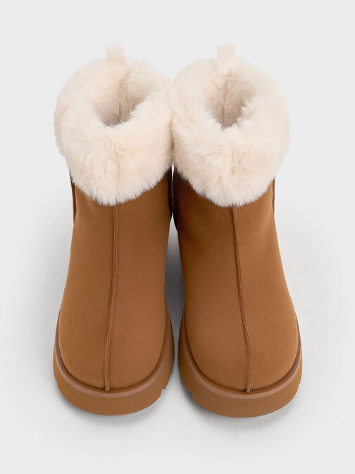 Girls' Faux Suede Fur-Trim Ankle Boots, Brown, hi-res