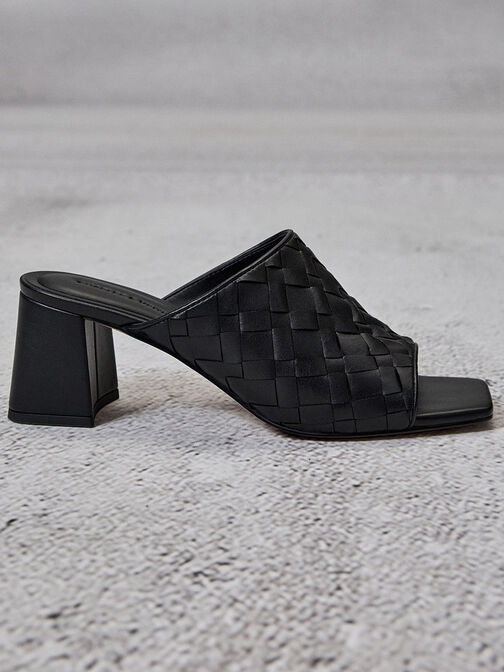 Woven Square-Toe Heeled Mules, Black, hi-res