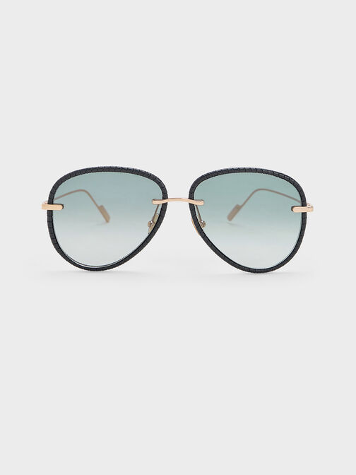 Leather Braided-Rim Aviator Sunglasses, Black, hi-res