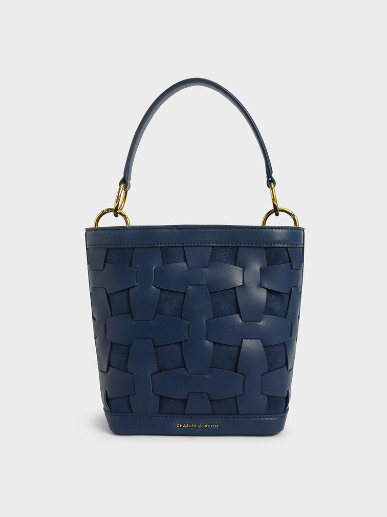 Weave Detail Bucket Bag, Blue, hi-res