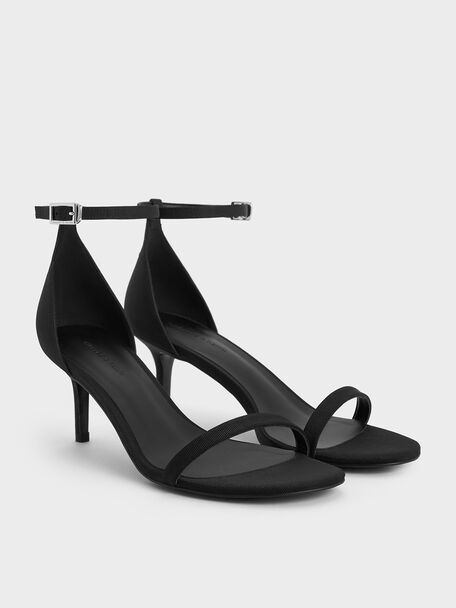 Grosgrain Stiletto-Heel Ankle-Strap Sandals, Black Textured, hi-res