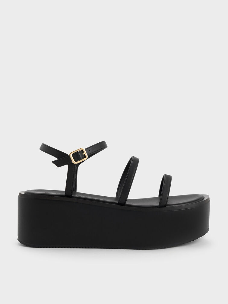 Black Strappy Flatform Wedge Sandals - CHARLES & KEITH SG