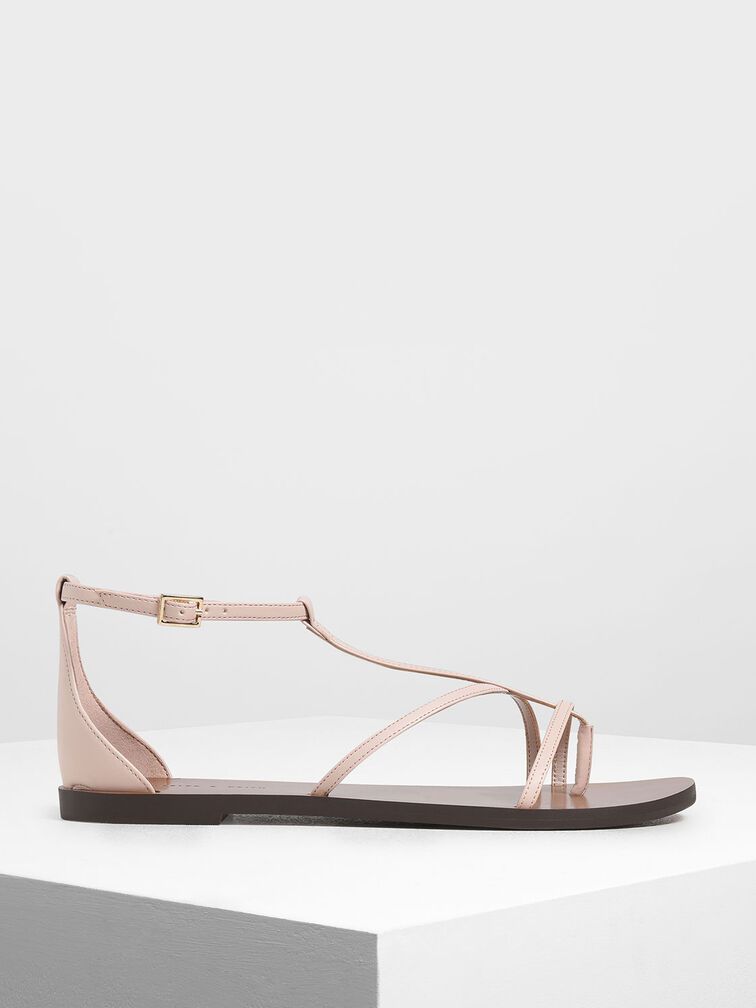 Asymmetrical Strappy Flats, Pink, hi-res