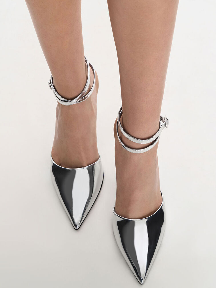 Metallic Patent Pointed-Toe Ankle-Strap Pumps, Silver, hi-res