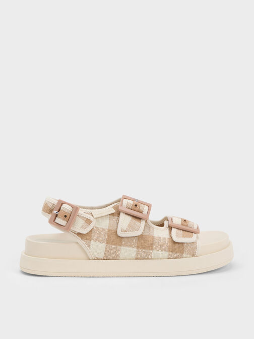 Della Gingham Buckled Flatform Sandals, Sand, hi-res