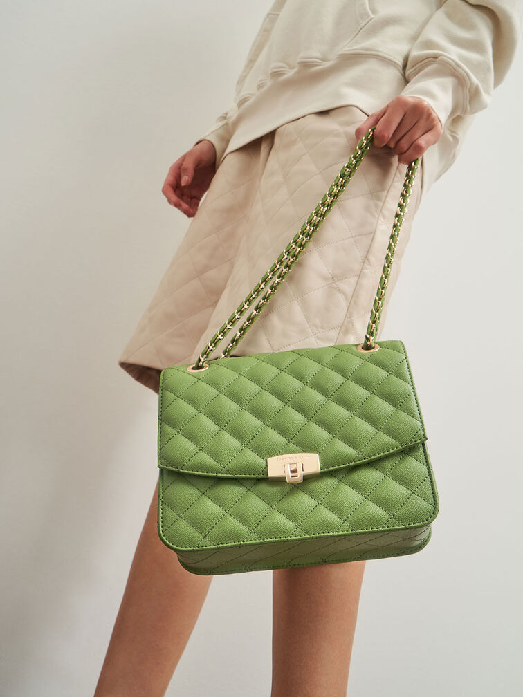 Quilted Chain Strap Clutch, Green, hi-res
