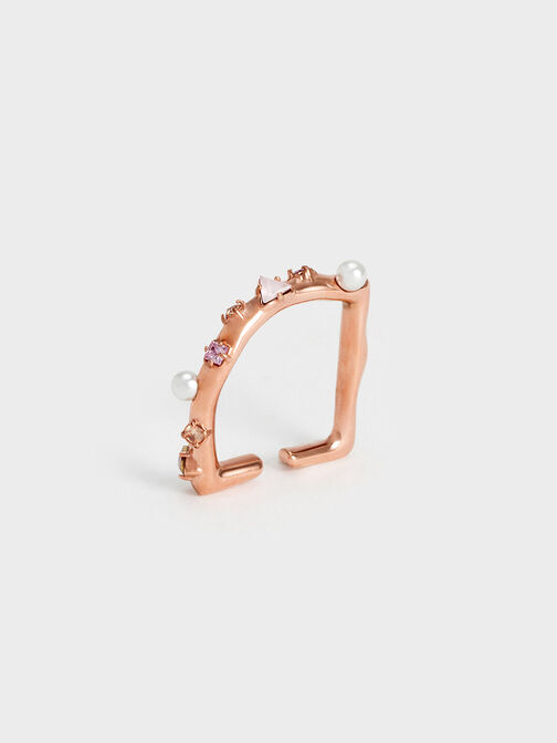 Anillo adornado con perlas y cristales, Oro rosa, hi-res