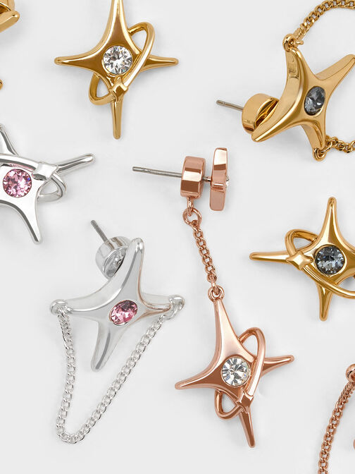 Pendientes asímetricos Estelle con detalles de estrella y cristal, Oro rosa, hi-res