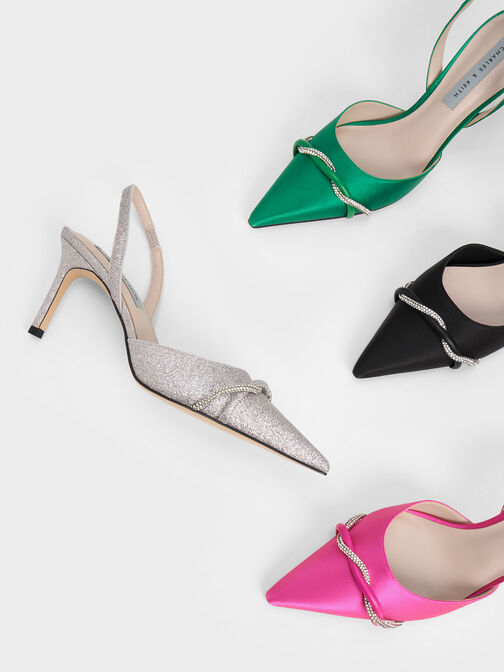 Twist Detail Satin Slingback Pumps, Green, hi-res