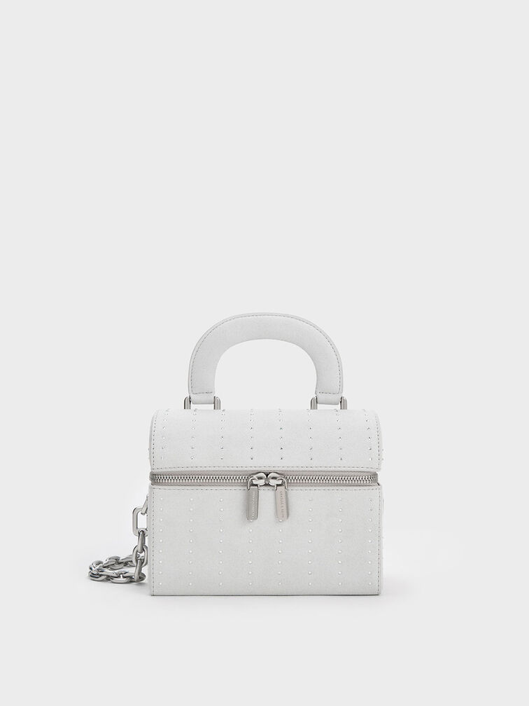 Silver Padded Handle Textured Crossbody Bag - CHARLES & KEITH