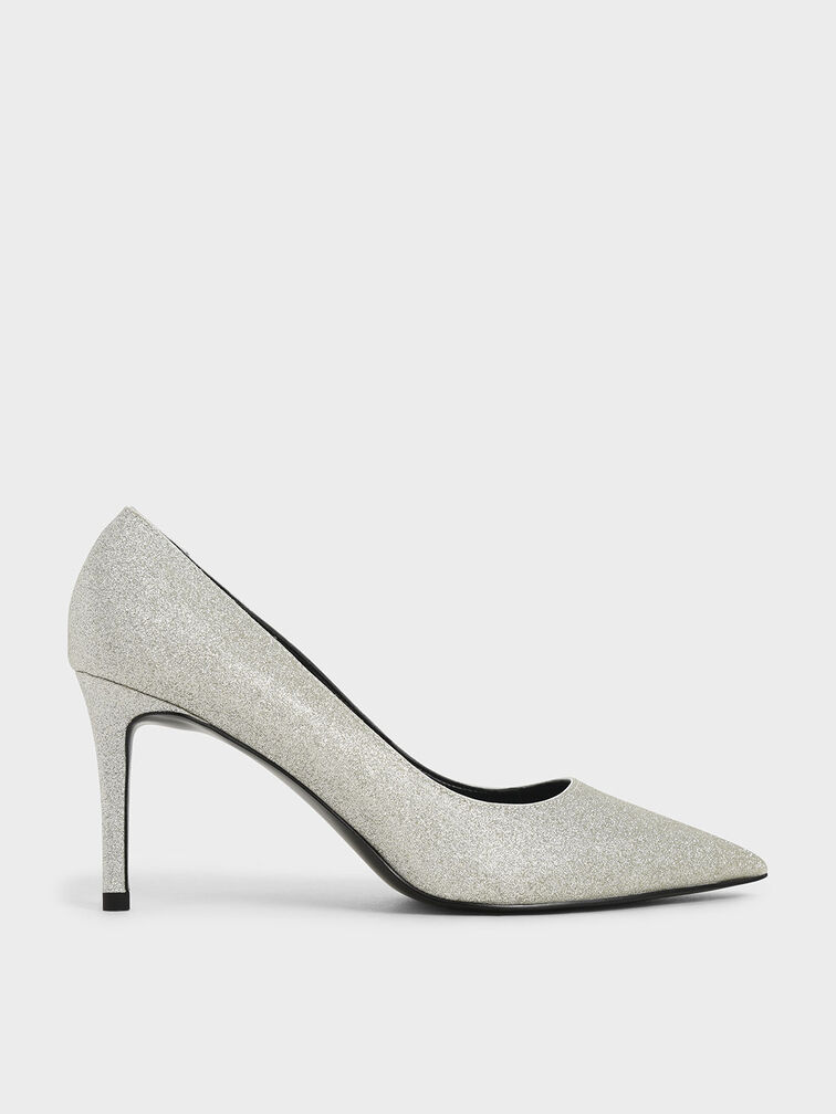 Glitter Pointed Toe Court Shoes, Silver, hi-res