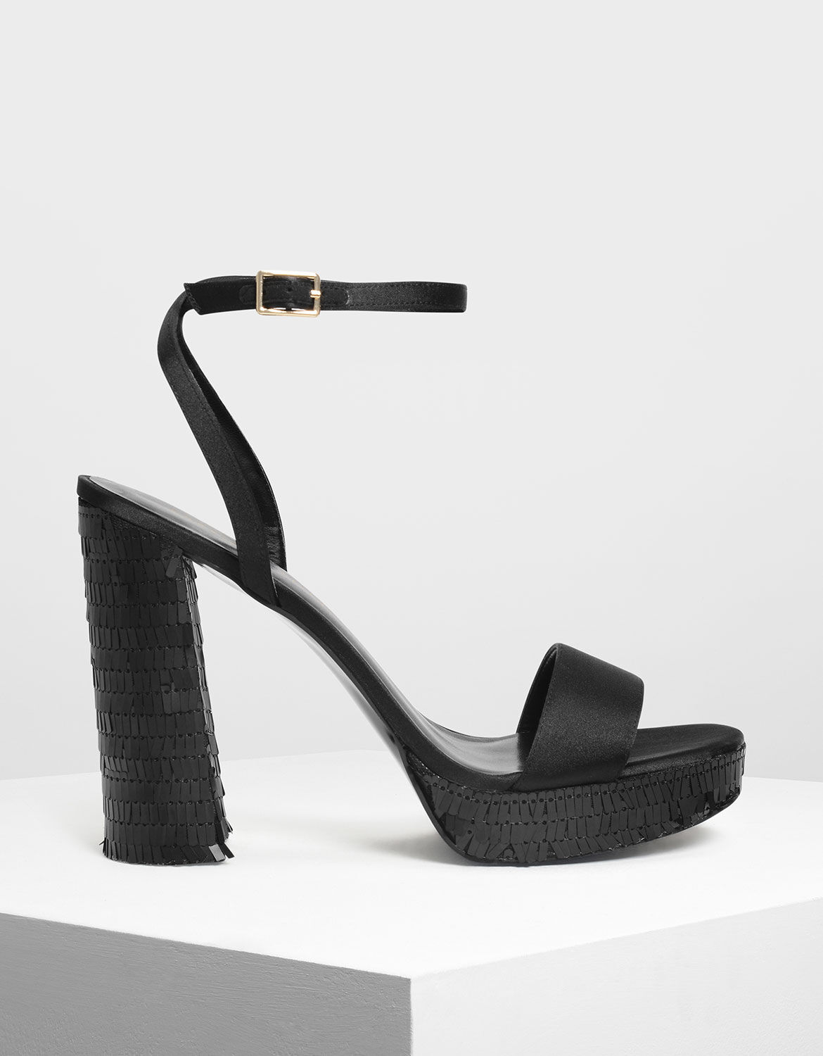 Black Sequin Platform Heeled Sandals 