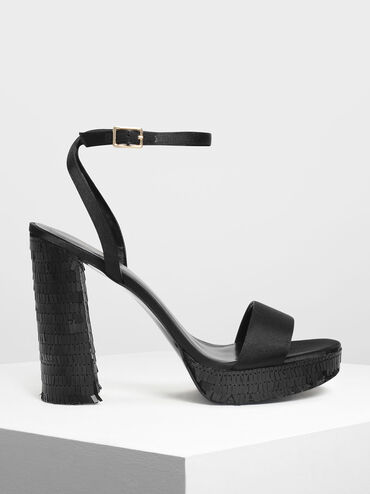 Sequin Platform Heeled Sandals, Black, hi-res