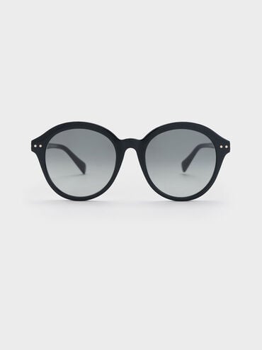 Recycled Acetate Round Cat-Eye Sunglasses, Black, hi-res