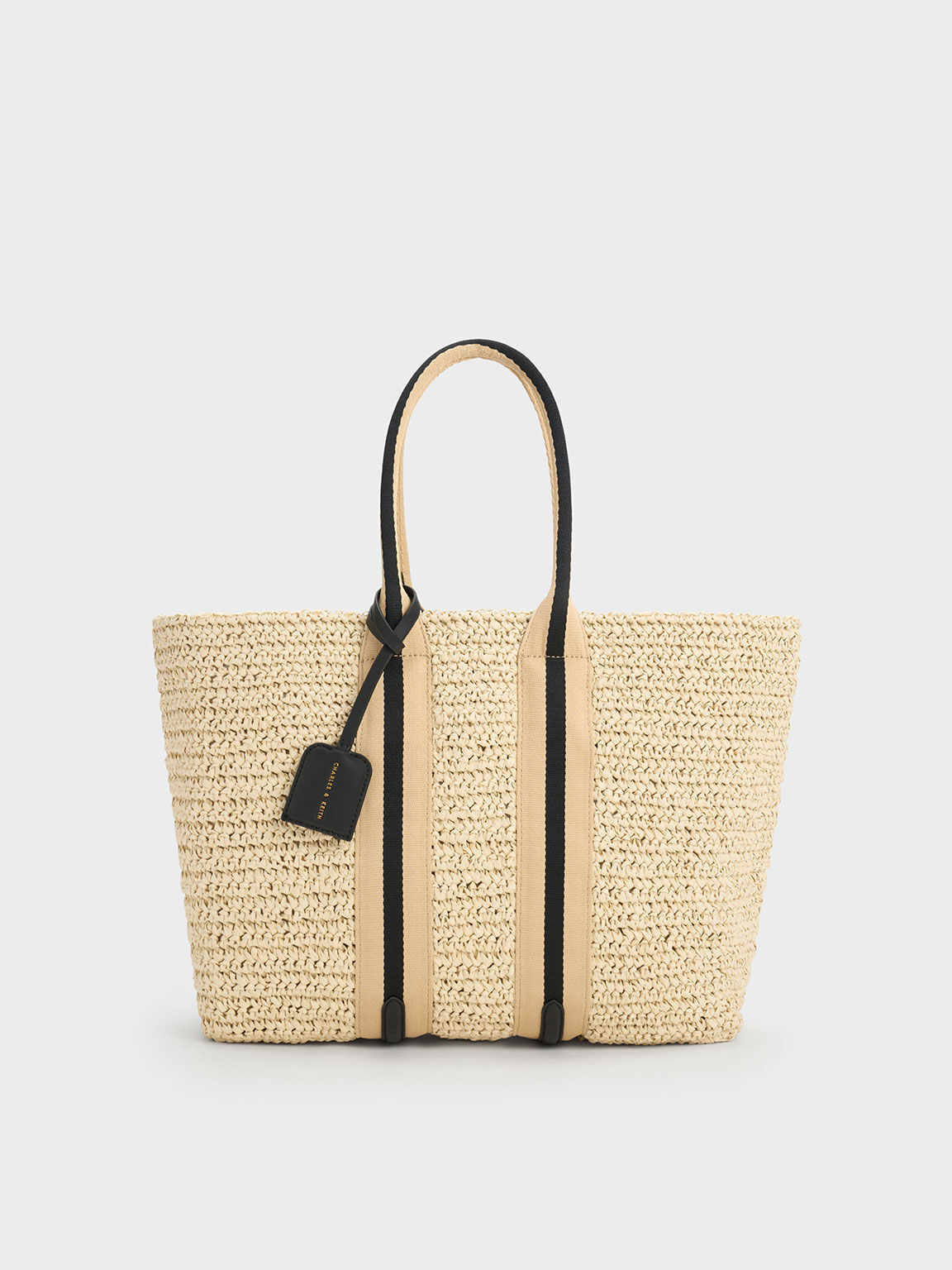 Striped Handles Raffia Tote Bag Black