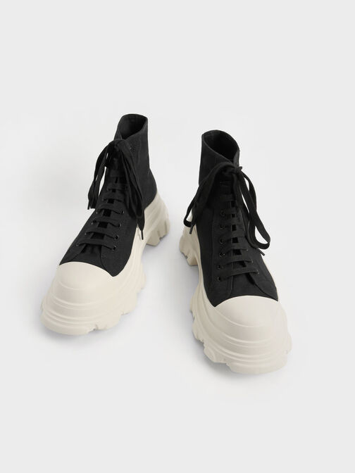 Canvas Chunky High-Top Sneakers, Black Textured, hi-res