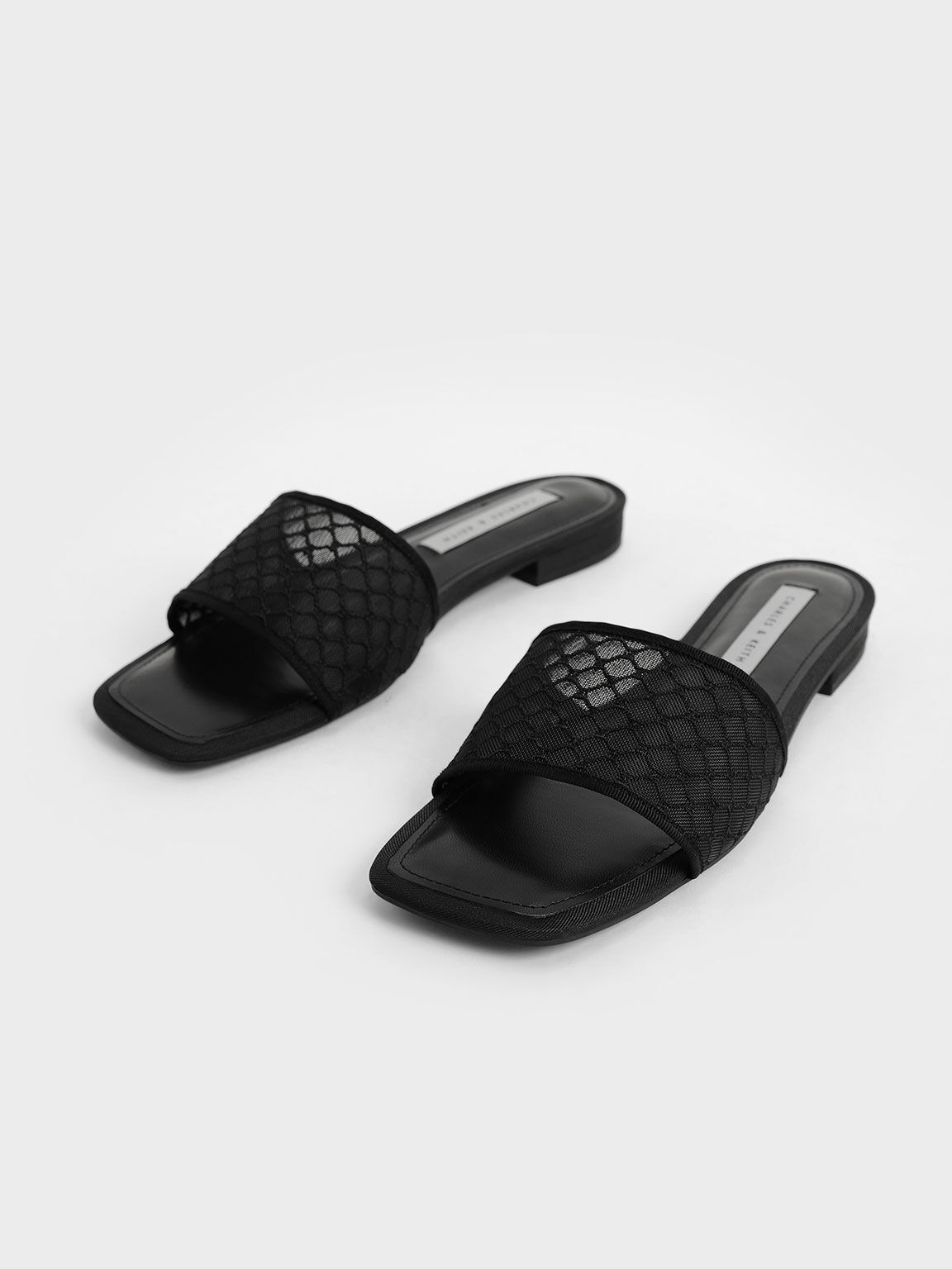 Mesh & Grosgrain Slide Sandals, Black, hi-res