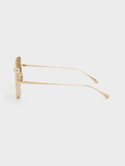 Gem-Embellished Wireframe Aviator Sunglasses, Light Gold, hi-res