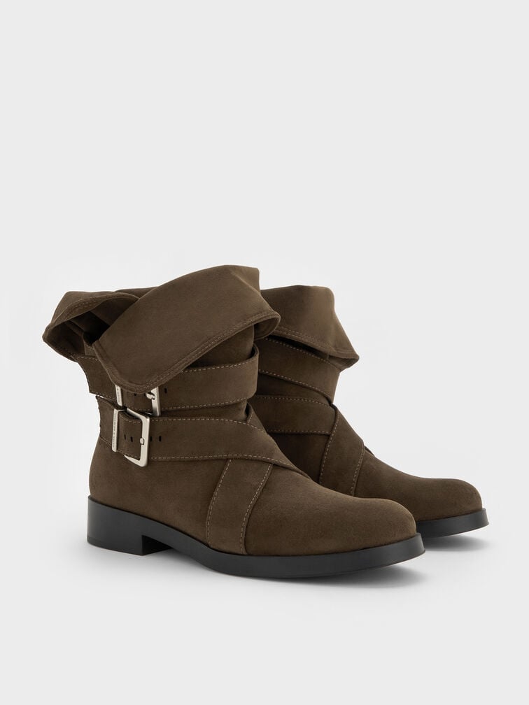 Brett Faux Suede Buckle-Strap Calf Boots, Dark Brown Textured, hi-res
