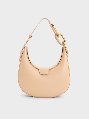 Bolso media luna Kora con detalles metálicos, Beige, hi-res