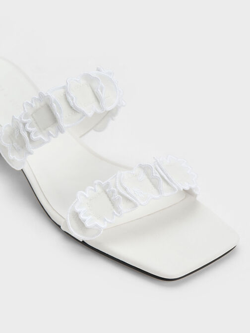 Ruffled Cotton Heeled Mules, White, hi-res