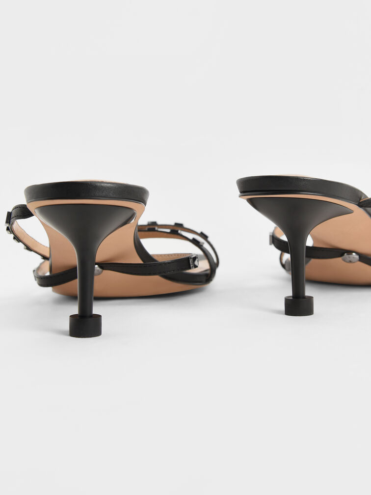 Leather Embellished Sculptural Heel Sandals, Black, hi-res