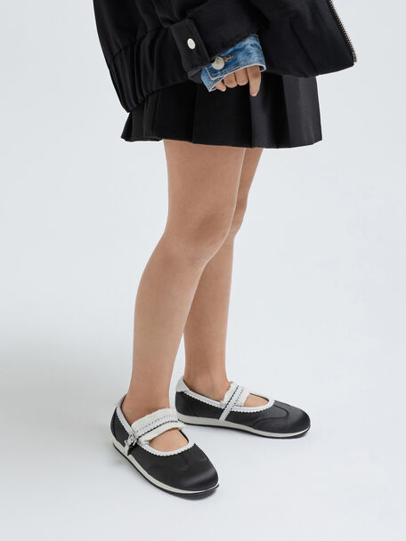 Girls' Satin Scallop-Trim Mary Jane Sneakers, Black Textured, hi-res