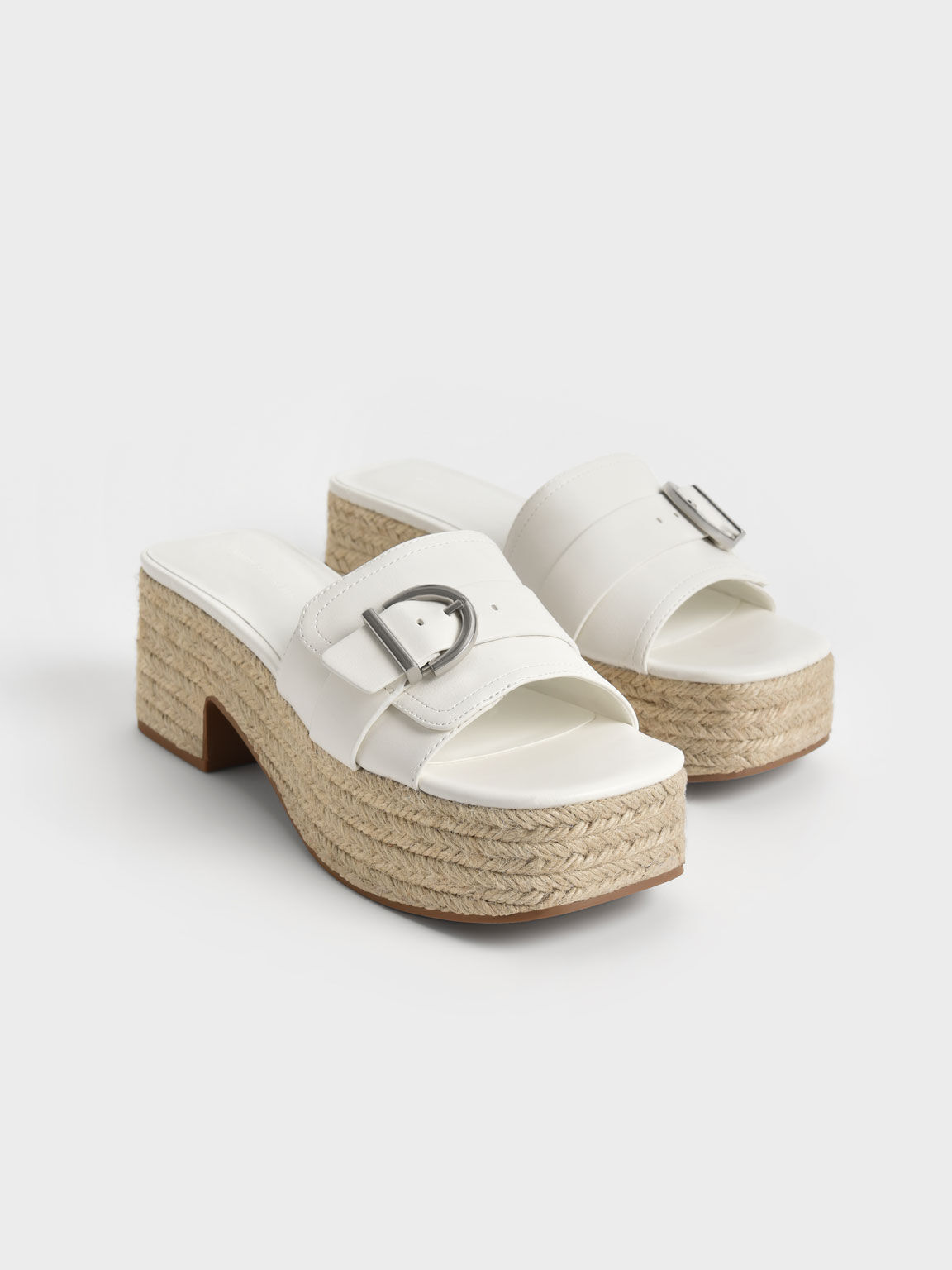 Buckled Platform Espadrilles, White, hi-res