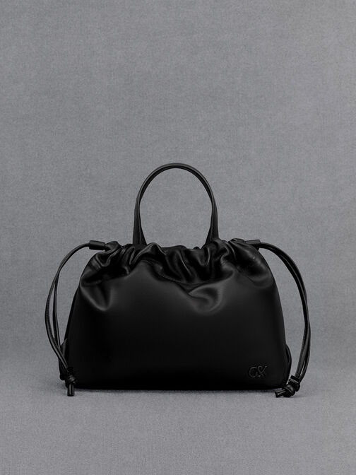 Bolso de cuero efecto arrugado con cordón, Negro, hi-res