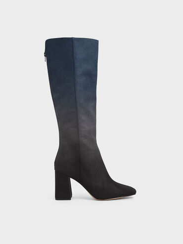 Multicoloured Felt Knee High Boots, Dark Blue, hi-res