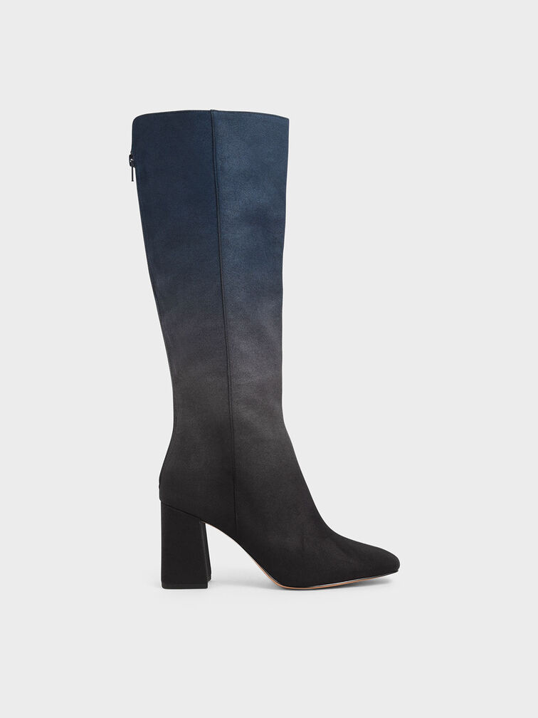 Multicoloured Felt Knee High Boots, Dark Blue, hi-res