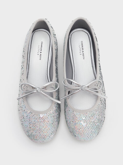 Girls' Sequin Metallic Bow Ballet Flats, Silver, hi-res