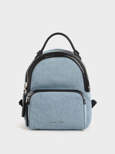 Textured Double Zip Backpack, Denim Blue, hi-res